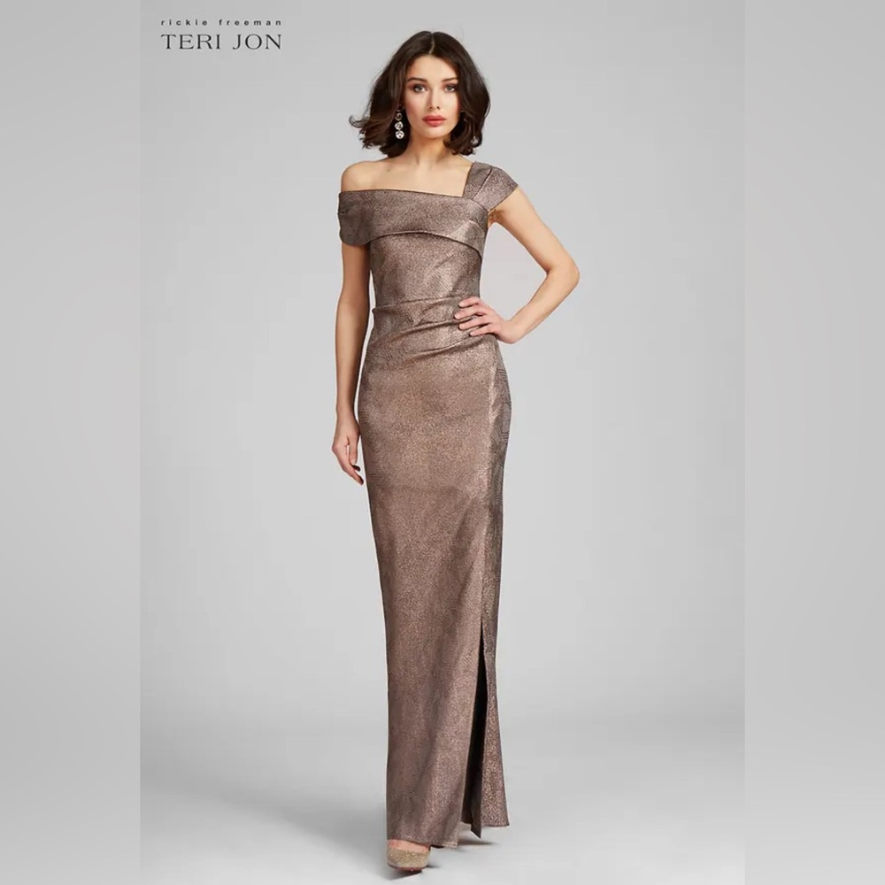 Teri Jon Asymmetrical Bronze Off-Shoulder Gown